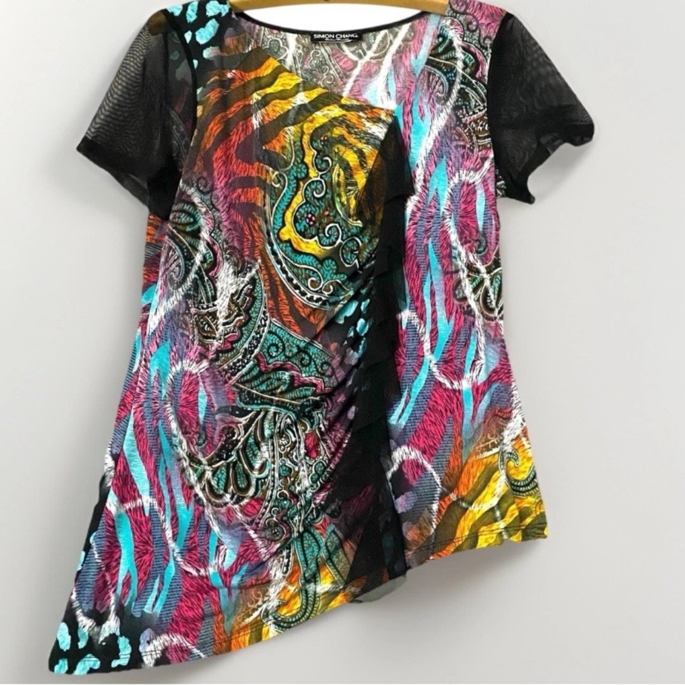 Simon Chang Women XL Abstract Animal Print‎ Sleeveless Sheer Black Ruffle Shirt